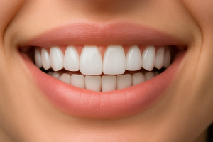 Extreme close-up of perfectly aligned white teeth with dental veneers
