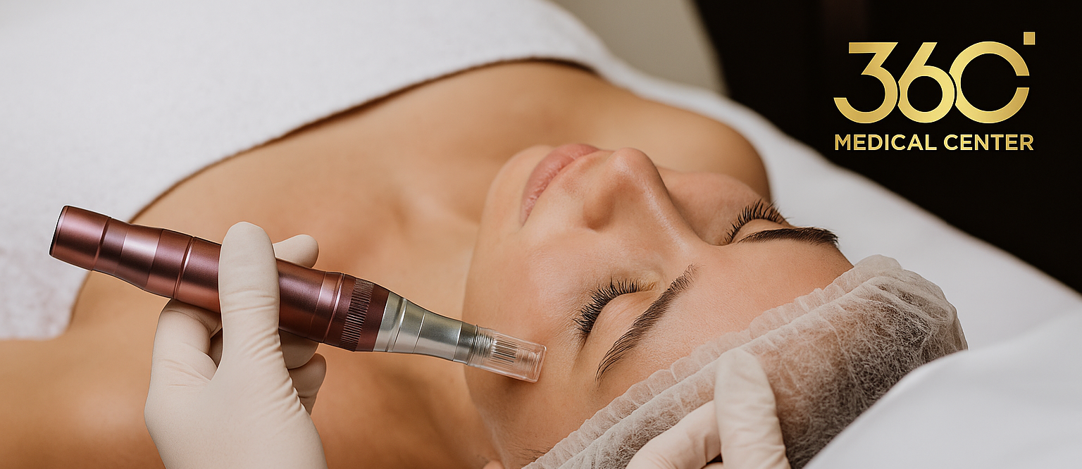 جلسات ديرمابين للعناية بالبشرة "امرأة تتلقى جلسة عناية بالبشرة باستخدام جهاز ديرمابين Dermapen"