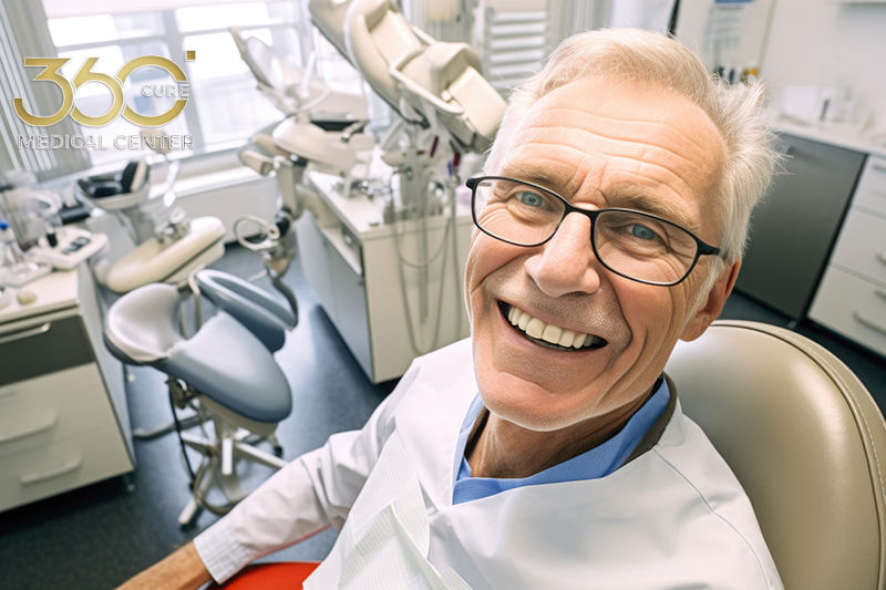 مريض يبتسم بعد زراعة أسنانه في يوم واحد في مركز 360 كيور الطبي